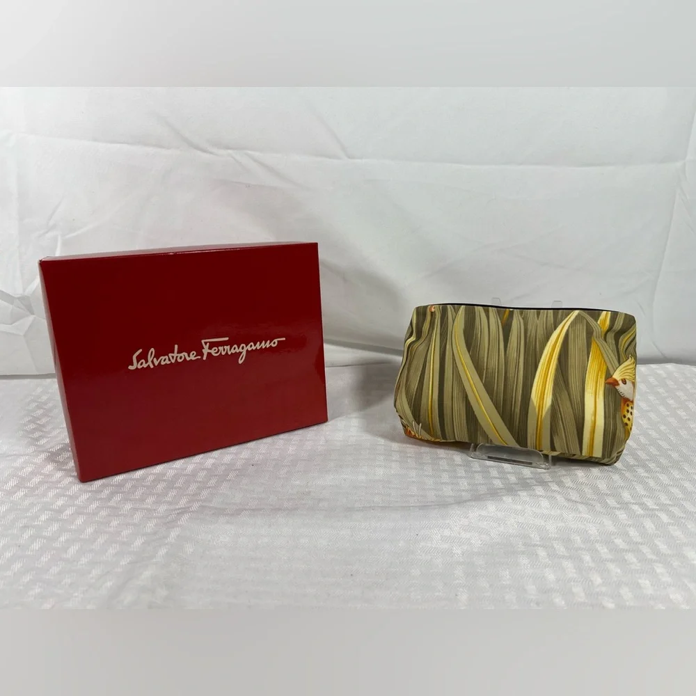 Salvatore Ferragamo Silk Print Leather Trim Zip Pouch Clutch w/box